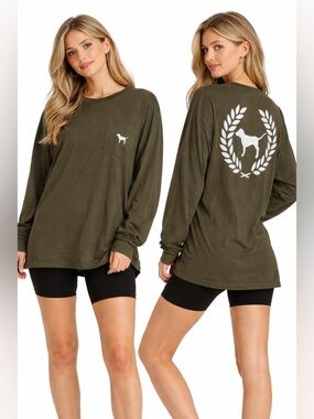 Victoria's Secret PINK Shirt Olive Green Long Sleeve Tee Big Dog Logo On Back L
